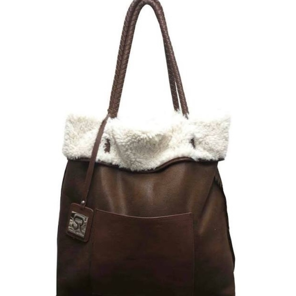Sondra Robert's SR2 Faux Leather Brown/Cream Sherpa Trim Reversible BohoTote